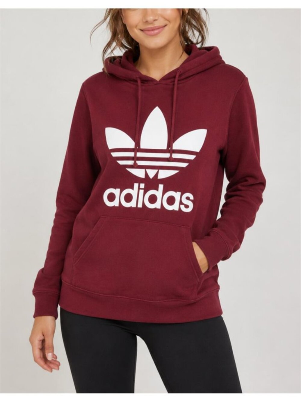 adidas Originals Trefoil Logo Hoodie Burgundy Fleece Pullover Women's S Classic
